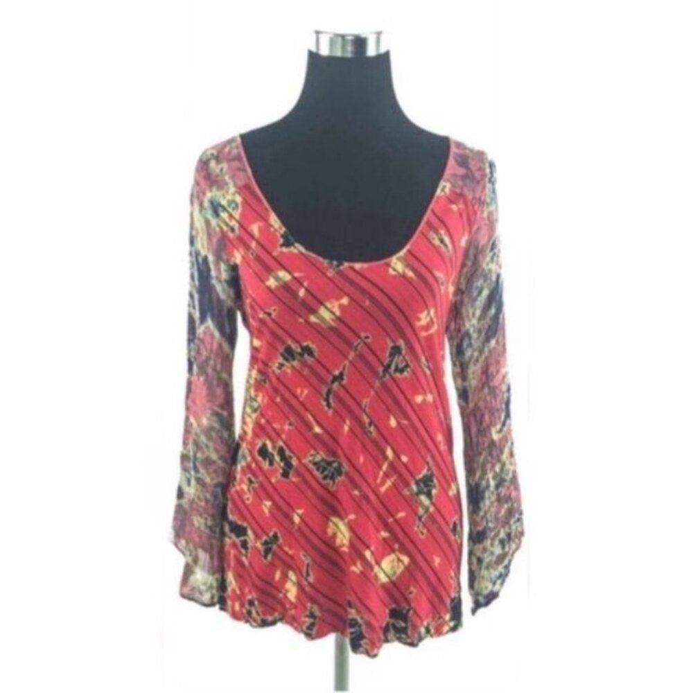 Vintage 90s Language Silk Scoop Neck Long Sleeve Top Boho Grunge Y2K Indie Retro - Picture 2 of 8